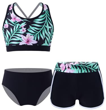 Freebily Flicka Baddräkt 3 Delar Strandtankini Crop Top Shorts Badbyxor + Trosor Strandbikini Trikini Baddräkt, Svart, 11-12 år