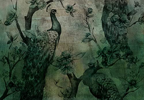 decomonkey Fototapete Pfau 350x256 cm Tapete Fototapeten Vlies Tapeten Vliestapete Wandtapete moderne Wand Wandbild Schlafzimmer Wohnzimmer Vintage Deko Retro Kunst Blumen Tiere Vogel beige grün