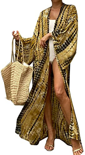 LikeJump Femme Robe de Nuit Kimono Maxi Cache-Maillot Robe de Plage Bikini d'été