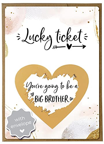 Joli Coon Pregnancy Announcement Scratch Card, Big Brother Reveal | 350gsm designer paper, tactile UV finish, natural envelope with gold heart, scratch panel