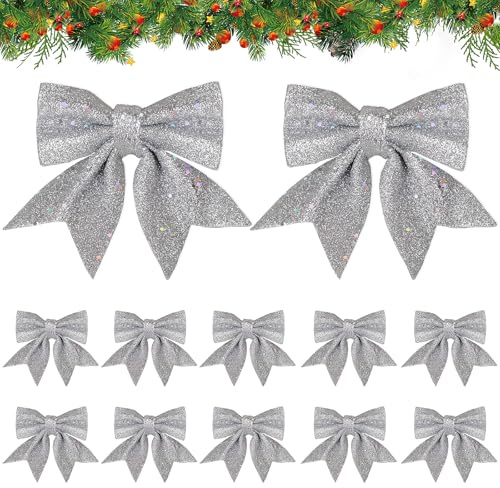 12pcs Large Silver Bows for Christmas Tree Glitter Decorative Bow for Christmas Tree Decorations (Silver)