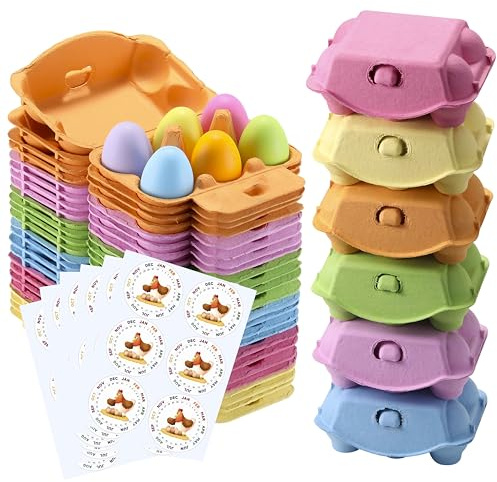 Half Dozen Egg Cartons 30 Pack, Colorful Blank Natural Pulp Egg Holder 6 Count for Chicken Eggs Reusable, Easter Color Storage Box for Holds Up to Six Container Basket Cardboard Paper, 30 Labels