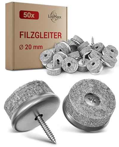 LouMaxx stol filtglidare, runda skruvar, Ø 20 mm, grå – set med 50 stycken stoltassar med 6 mm tjock filt och metallinfattning – filtglider för stolar och skruvar – premium stolsbenskydd, filt även