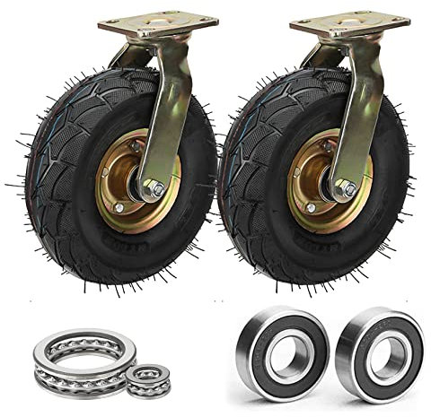 Lot de 2 roulettes pivotantes robustes industrielles fixes, roulettes pivotantes pneumatiques en caoutchouc avec plaque supérieure centrale à double roulement à billes, adaptées à une utilisation en