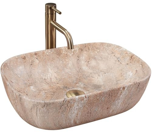 Rea Vasque à Poser Belinda Savana Pour Salle De Bain, Idéale Comme Lavabo Pour Lave-Main Pour Wc, À Poser Sur Le Comptoir, Beige, imitation de pierre