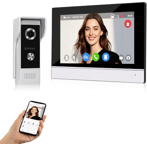 QTTYELOK 7 Pouces WiFi Vidéo Sonnette Interphone Système 1080P AHD Touch Couleur Moniteur Intérieur IR Vision Nocturne Vidéo Caméra Doorbell Accueil, Tuya Smart APP Déverrouillage à Distance