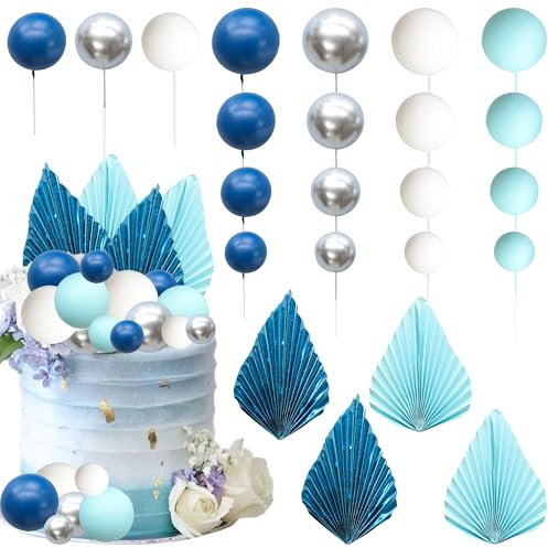 Gyufise 32Pcs Balls Cake Toppers Palm Leaves Cake Decorations DIY Foam Balls Paper Palm Leaf Cake Insert Toppers Decorations for Birthday Wedding Baby Shower Party Decorations Blue