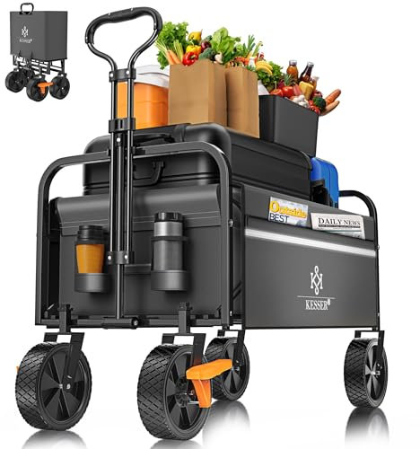 KESSER® Carro de mano plegable con capacidad de carga máxima de 150 kg y neumáticos de PVC de 360°, incluye 2 bolsillos de red, bolsillo lateral y cubierta, carro de transporte para jardín sin techo