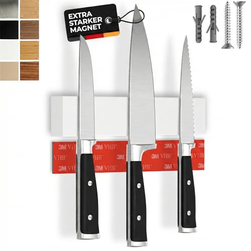 CUCINO självhäftande magnetisk knivlist – testvinnare med extra stark magnet – enkel montering med 3M-tejp utan borrning, vit gummi 25 cm