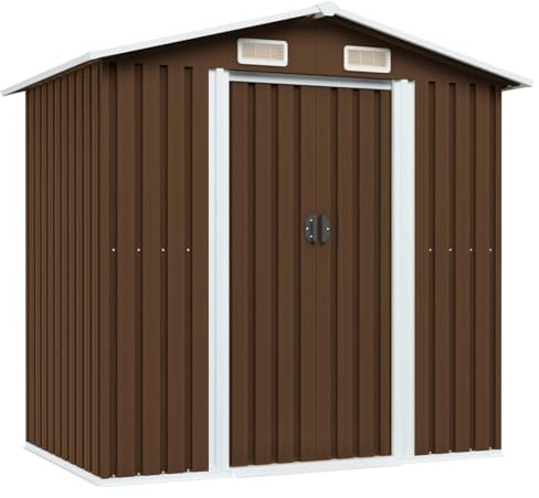 Capanno per attrezzi marrone, 204 x 132 x 186 cm, in acciaio, resistente alle intemperie, casetta per attrezzi da giardino, garage per bicicletta