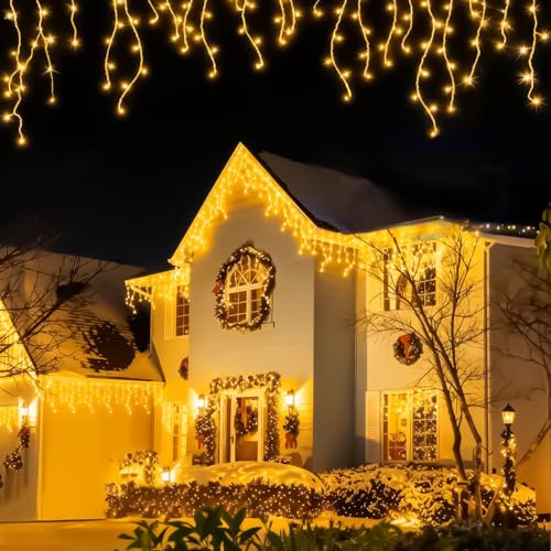 GLUROO Guirnaldas Luces Exterior, 20M 640 LEDs Impermeable Guirnaldas Carámbano Luces con 8 Modos de Control Remoto, Cadena Luces de Navidad para Alero Fiesta Jardín, Blanco Cálido