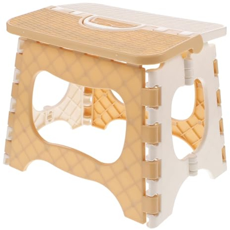 Toyvian Portable Large Folding Stool for Bathroom and Kitchen Non Slip Textured Plastic Step Stool with Handle Lightweight and Compact Bench for Adults and Beige