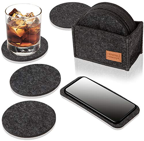 DINING concept® Filz Untersetzer Gläser Filz rund im 10er Set dunkelgrau mit Box & GRATIS Handy Filzuntersetzer I Premium Untersetzer für Gläser abwaschbar I Glasuntersetzer aus Filz Bierdeckel Glas