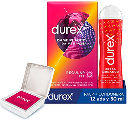 Durex, Pack Preservativos Dame Placer 12 Condones, Lubricante Sabor y Aroma Fresa de Base Agua, 50 ml