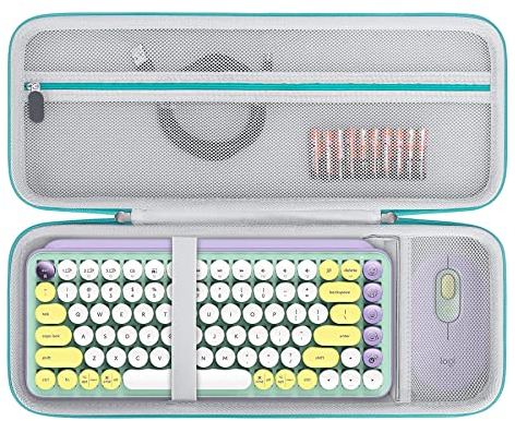BOVKE Harte Tragetasche Kompatibel mit Logitech POP Tasten Mechanische drahtlose Tastatur und POP Wireless Maus Combo, Mesh Reißverschluss Tasche für Kabel, Batterien, Emoji Tasten,Mint Blue(nur Fall)