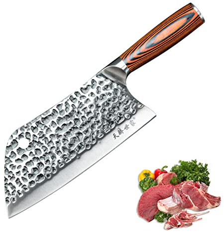 TJ POP Mannaia Coltello da Chef Cinese, Coltello da Cucina Professionale 18cm, Coltello per Carne Affilato con Design Full Tang, Lama in Acciaio 50Cr15 Spessore 2mm, TJ SEGA Serie TC19076