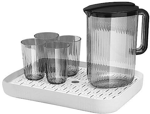 Vesone Wasserkrug Saftkrug mit 4 Tassen und 1 Tablett, 2L Transparent Kunststoff Karaffe Saft mit Griff und Decke, Wasserkaraffe Wasserkanne für Kalt Warm Wasser Kaffee Milch