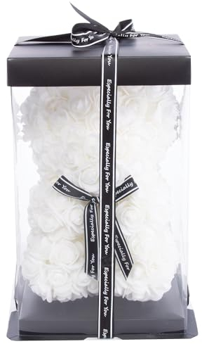 Brandsseller Osito de Rosas Artificiales 25x16 cm – Oso Hecho a Mano con Flores de Seda, Regalo Romántico para Cumpleaño, San Valentín, Día de la Madre – con Caja de Regalo incluida – Blanco
