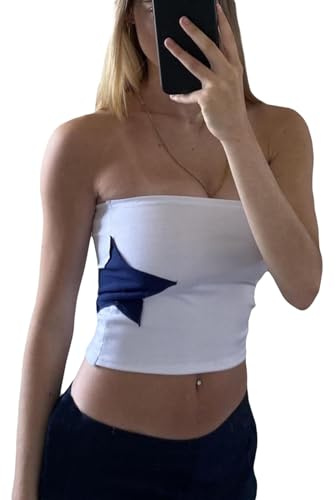Himllauen Top de tubo para mujer, elegante, sin tirantes, sexy, sin hombros, parte superior de verano, corte ajustado, top bandeau, B Star White, S