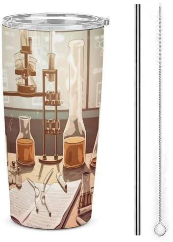 LFDSPYJE Bicchiere da 590 ml in acciaio inox, tazza da viaggio in laboratorio di chimica, bicchiere isolato, a doppia parete, tazza da caffè sottovuoto con coperchio con cannuccia, spazzola per la