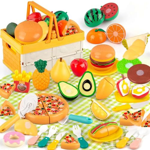 LilKisThk Kinderküche Zubehör, Picknickkorb Spielküche Zubehör Pretend Play Set, Matschküche Outdoor Picknick Set mit Decke, Geschenk für Jungen Mädchen 3 4 5 Jahre