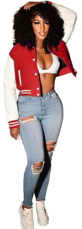 INGORINA Chaqueta corta universitaria para mujer, manga larga, con botones, chaqueta de béisbol, chaqueta bomber corta con bolsillos, Rojo -, Small