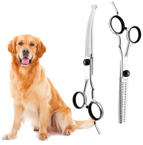 XoeLLe Tijeras para Perros Profesional, 2 Piezas Tijeras para Mascotas de Acero Inoxidable con Puntas Redondas de Seguridad, Tijeras de Entresacado para Mascotas, Tijeras para Gato Perro (Negro)