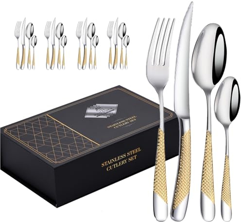 Bestickset bestick set, högglanspolerat rostfritt stål 18/10, inklusive kniv, gaffel, sked matservis för hem, hotell, restaurang, nytt hus (guld, 20 st)