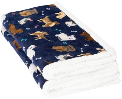 OHS Pet Blankets for Dogs, Reverse Sherpa Fleece Dog Blanket Warm Super Soft Fleece Throw Over Sofa Cat Winter Dog Blanket Print - Navy, 75 x 110cm