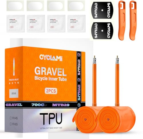 CYCLAMI Set di 2 Camera d'Aria TPU Bici da Strada/Gravel Ultraleggera Compatibile con 700 x18-32C/32-47C Valvola Presta 45/65/85mm per Bici da Cors (2P-700c X 32-47c (45mm Valve))