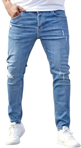 shownicer Jeans Uomo Strappati Slim Fit Pantaloni in Denim Stretch Jeans da Lavoro Gamba Slim Pantalone Stretch Skinny Denim Pants Destroyed A Azzurro L