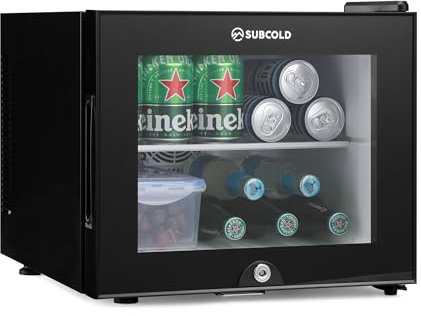 Subcold Aire20-G LED Mini Fridge | 20L Table Top Model | Quiet Frost Free Fridge for Bedrooms & Hotels | Lockable with Glass door & interior LED light (Black)