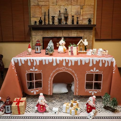 Breling Christmas Gingerbread Playhouse 10 x 7.5 ft Large Tablecloth for Kids Table Tent Indoor & Outdoor Table Cover Playhouse for Xmas Family Gathering Winter Holiday Birthday Party Supplies