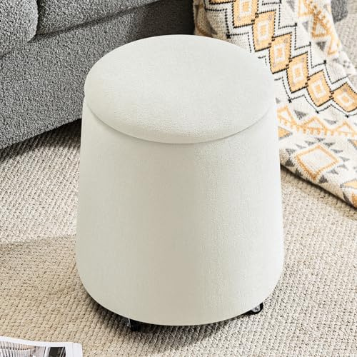 Hellove Puff Almacenaje Bouclé, Redondo Taburete Baúl con Tapa Reversible, Asiento Acolchado, Silla de Maquillaje con Ruedas Ø37 x 45cm para Salón, Dormitorio y Pasillo, Blanco Crema
