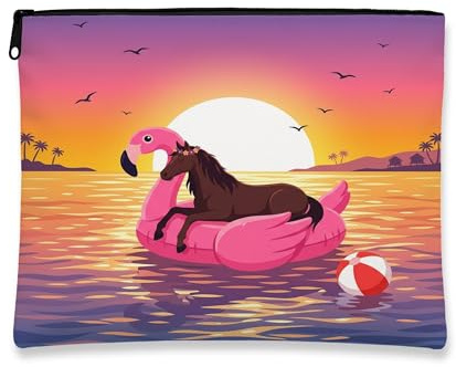 Funny Horses Makeup Bag, Flamingos Lifebuoys Sea Cosmetic Travel Pouch for Women Girls, Animal Portable Small Canvas Zipper Organizer 7x9 Inch