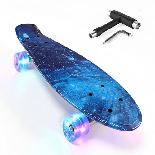 Baroni Toys Skateboard per Bambini dai 3 Anni, Skate Completo con Ruote LED Luminose Senza Batterie, Strumento T-Tool per Regolazione Intergato, 56x14,5x12 cm (Blu)