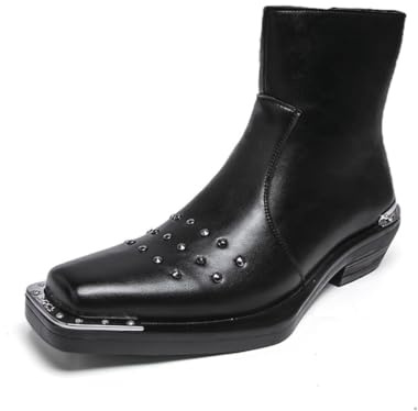 JHYUUKAU Botas Western con Tachuelas Hombre Botines Punta Cuadrada | Punta Metálica Estilo Punk Rock Remaches Cuero Sintético Cremallera Zapatos Biker