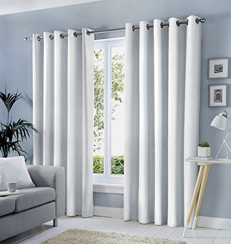 Fusion Sorbonne Eyelet Curtains – White – W90 x L90 (229 x 229cm) – 2 Panels – 100% Cotton – Thermal & Soundproof Drapes for Bedroom, Living Room and Doors
