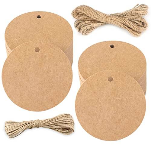 G2PLUS 200PCS Etiquetas Kraft Redondas de Regalo 5.5x5.5cm para Bodas, Cumpleaños y Navidad, con 30M de Cordel de Yute