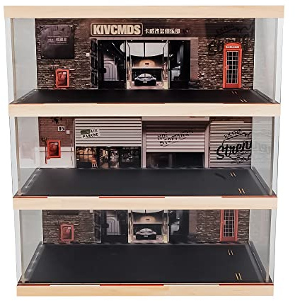 Kivcmds 1:24 Scale 3-Tier Vehicle Display Case with Parking Lot Scene for Sports Car & Lego Collectors, Display Stand for Alloy Car Model Toy (3-Tier Auto Repair Store Scene)
