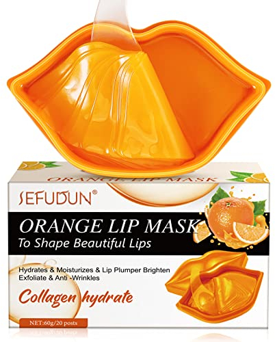 Lip Mask, 20 Pcs Colágeno Mascarilla Labios, Lip Sleeping Mask, Almohadillas Labiales Hidratantes, Mascarilla Labial Para el Cuidado de Los Labios, Adecuado Para Labios Secos y Agrietados (Naranja)