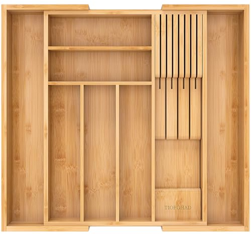 TIOPGHAD Bamboo-Silverware-Drawer-Organizer-Kitchen, Expandable Utensil Holder Cutlery Tray Flatware Organization Adjustable Wood Tableware Dividers Storage (with Removable Knife Block)(Natural)
