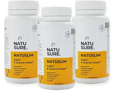 NATUSURE NatuSlim Pack de 3 (180 Cápsulas) – Suplemento Quemagrasas Saciante para Adelgazar – con NeOpuntia® + Chitosán Vegetal + Glucomanano + L-Carnitina + Té Verde – Control de Peso y Apetito