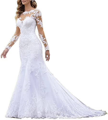 HEULORIA Abito da Sposa Sirena Perline Pizzo Scollo Rotondo Manica Lunga Grand Vestito da Sposa Lungo Treno Me-0325 (40, White)