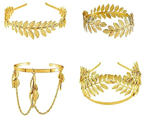 Alnicov Lot de 4 accessoires de déesse grecque, couronne en feuille d'or, bracelet romain, laurier romain, bandeau en feuille