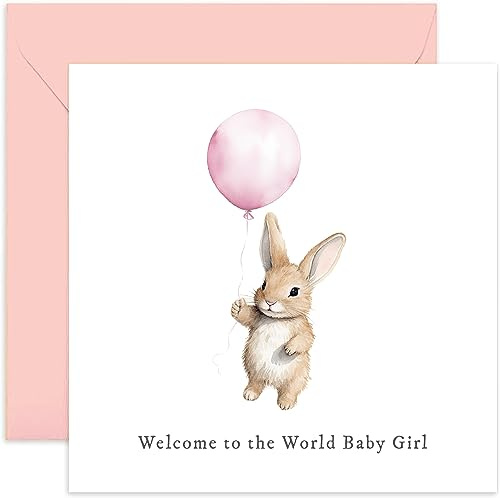 Old English Co. New Baby Girl Card for New Parents - Pink Balloon Baby Rabbit Design - 'Welcome to The World' Cute Congratulations Baby Birth Card for Mummy Daddy | Blank Inside with Envelope