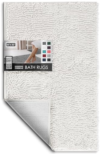 Hearth & Harbor Bathroom Rugs, Chenille Bath Mat - Machine Washable Bath Mats for Bathroom Non-Slip Backing Rubber, Quick Dry Bathroom Mat, Medium White