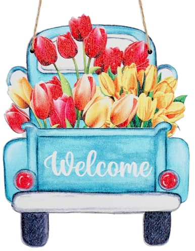 CREATCABIN Letrero Bienvenida Puerta Madera,Decoración Puerta Delantera,Flor Coche,Decoraciones Rústicas Colgar En Pared,Carteles Bienvenida Hilo Yute,Gancho Plástico para Porche Granja,Hogar,16x20cm