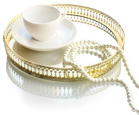 Gold Mirror Tray,25cm Gold Bedroom Perfume Vanity American Style Iron Round Small Decorative Shape Side Makeup Tray for Bathroom Home Coffee Table Decor Countertop Organizer