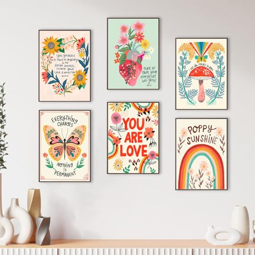Umimiss Lot de 6 citations inspirantes – Affiches florales multicolores, 30 x 40 cm, sans cadre, intérieur, chambre à coucher et salon